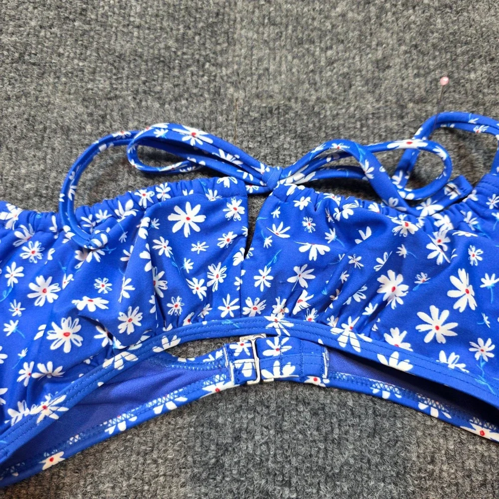Blue Daisy M Floral Print Bikini‎ Top Ruched Front Tie Bralette Swimwear Womens